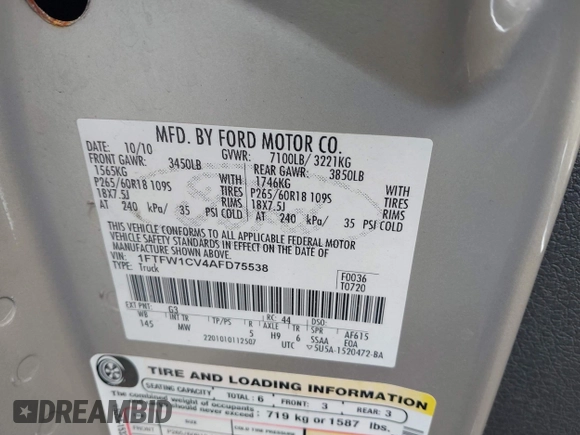 2010 Ford F-150 XL with VIN 1FTFW1CV4AFD75538, listed as a IAAI auction lot 41704712 with 184,022 mi miles and . Bid and sale history available at DreamBid. Image 9.