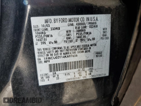 2004 Ford Escape XLT с VIN 1FMCU03114KA97656, выставлен на аукционе Copart как лот 48920965 с пробегом 229 620 миль миль и Списание • Salvage title. История ставок и продаж доступна на DreamBid. Изображение 15.