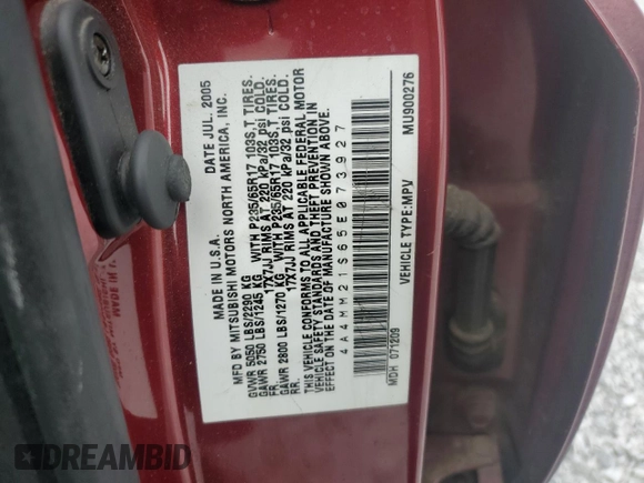 2005 Mitsubishi Endeavor LS with VIN 4A4MM21S65E073927, listed as a Copart auction lot 55087555 with 218,357 mi miles and Clean title. Bid and sale history available at DreamBid. Image 13.