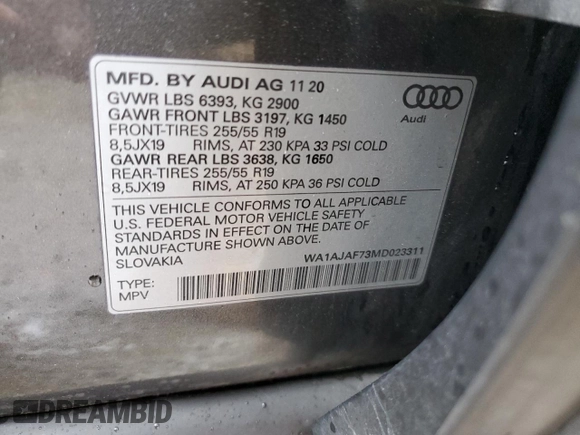 2021 Audi Q7 Premium with VIN WA1AJAF73MD023311, listed as a Copart auction lot 57396725 with 94,655 mi miles and Salvage title. Bid and sale history available at DreamBid. Image 14.