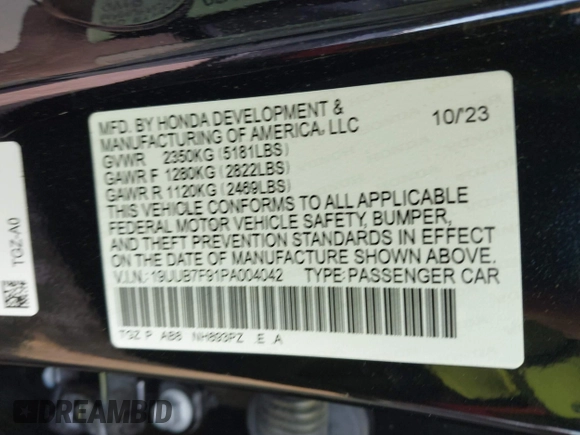 2023 Acura TLX Type S with VIN 19UUB7F91PA004042, listed as a IAAI auction lot 42098946 with Not Provided miles and . Bid and sale history available at DreamBid. Image 9.