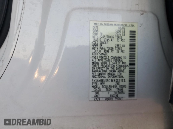 2005 Nissan Xterra S with VIN 5N1AN08U35C650231, listed as a Copart auction lot 54184965 with 0 mi miles and Clean Title. Bid and sale history available at carsss.com. Image 13.