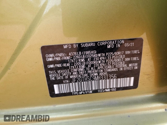 2021 Subaru Crosstrek Special Sports with VIN JF2GTHSC9MH331356, listed as a Copart auction lot 59664615 with 13,293 mi miles and Salvage title. Bid and sale history available at DreamBid. Image 14.