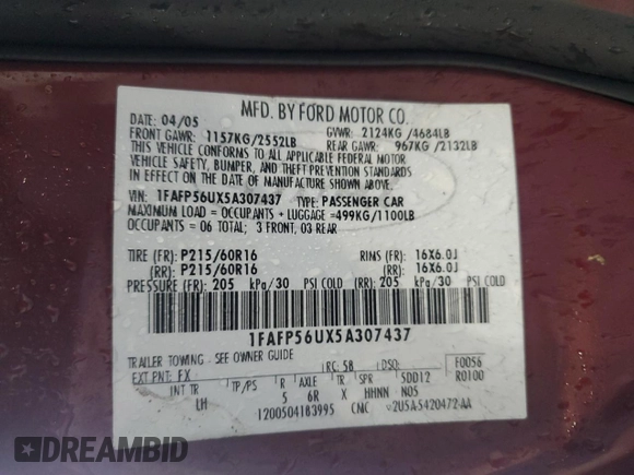 2005 Ford Taurus SEL with VIN 1FAFP56UX5A307437, listed as a Copart auction lot 88529935 with 199,508 mi miles and Salvage Title. Bid and sale history available at DreamBid. Image 14.