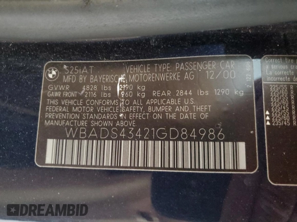 2001 BMW 5 Series 525i with VIN WBADS43421GD84986, listed as a Copart auction lot 64464735 with Not provided miles and Salvage title. Bid and sale history available at DreamBid. Image 12.