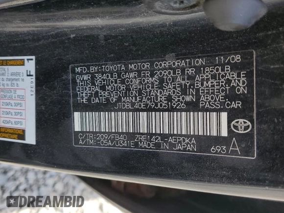 2009 Toyota Corolla with VIN JTDBL40E79J051926, listed as a Copart auction lot 54827165 with 218,273 mi miles and Clean Title. Bid and sale history available at carsss.com. Image 12.
