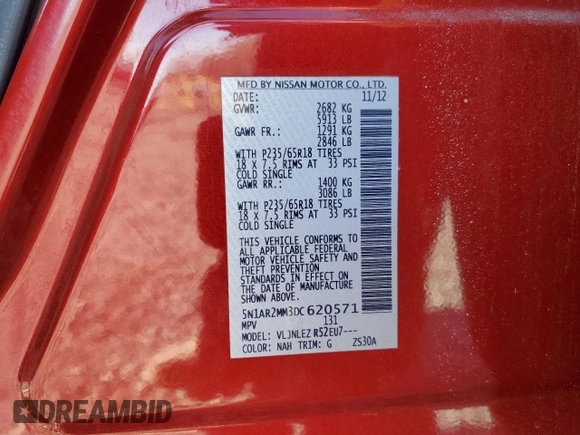 2013 Nissan Pathfinder SV with VIN 5N1AR2MM3DC620571, listed as a Copart auction lot 52930215 with 191,237 mi miles and Salvage Title. Bid and sale history available at carsss.com. Image 15.