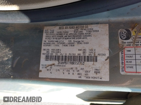 2008 Ford Fusion SE with VIN 3FAHP07198R157752, listed as a IAAI auction lot 41229136 with 270,715 mi miles and . Bid and sale history available at DreamBid. Image 9.
