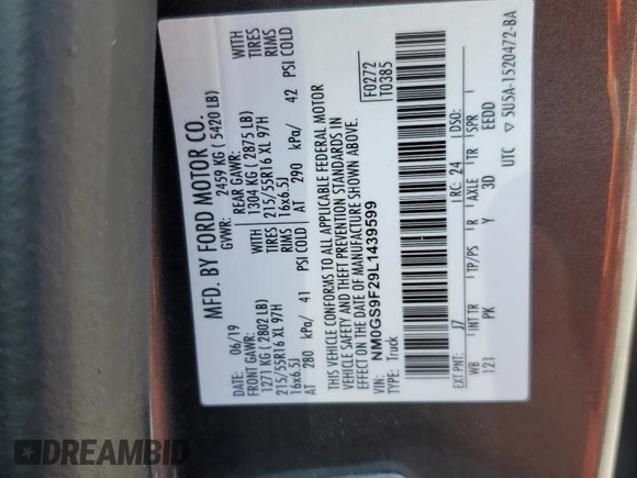 2020 Ford Transit Connect XLT with VIN NM0GS9F29L1439599, listed as a Copart auction lot 53680065 with 83,261 mi miles and Non repairable. Bid and sale history available at DreamBid. Image 13.