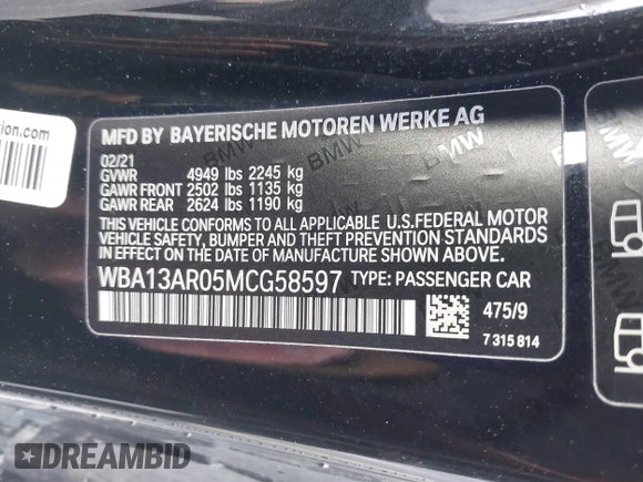 2021 BMW 4 Series M440i xDrive with VIN WBA13AR05MCG58597, listed as a IAAI auction lot 41475262 with 42,626 mi miles and . Bid and sale history available at DreamBid. Image 9.