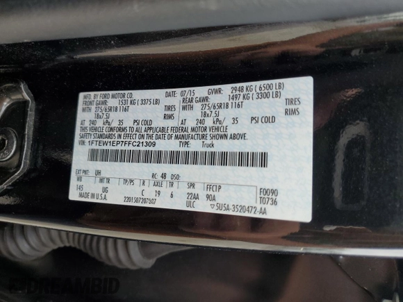 2015 Ford F-150 XLT with VIN 1FTEW1EP7FFC21309, listed as a Copart auction lot 55979265 with 86,484 mi miles and Salvage title. Bid and sale history available at DreamBid. Image 12.
