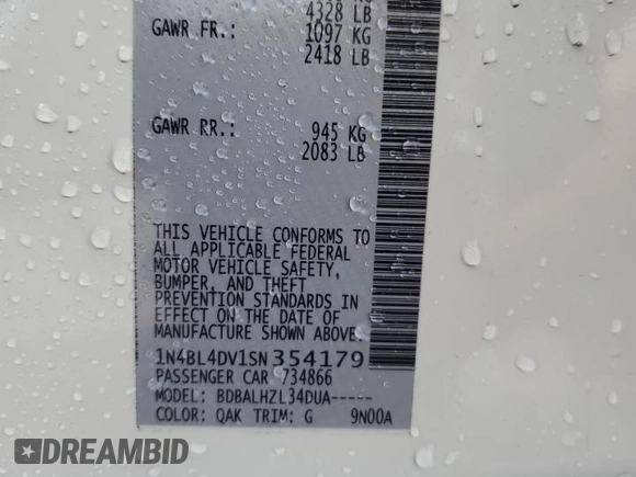 2025 Nissan Altima SV with VIN 1N4BL4DV1SN354179, listed as a Copart auction lot 51947575 with 7,359 mi miles and Non Repairable. Bid and sale history available at DreamBid. Image 13.