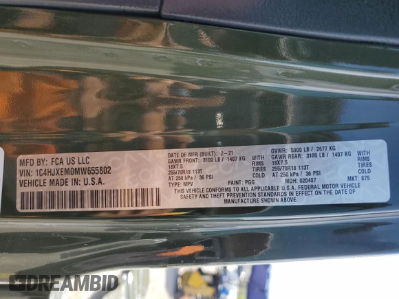 2021 Jeep Wrangler Unlimited Sahara Altitude с VIN 1C4HJXEM0MW655802, выставлен на аукционе Copart как лот 53337225 с пробегом 48 130 миль миль и Списание • Salvage title. История ставок и продаж доступна на DreamBid. Изображение 15.