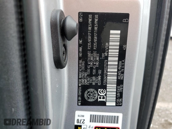 2021 Toyota Sienna XLE with VIN 5TDGSKFC6MS027079, listed as a Copart auction lot 67505344 with 36,686 mi miles and Salvage Title. Bid and sale history available at carsss.com. Image 14.