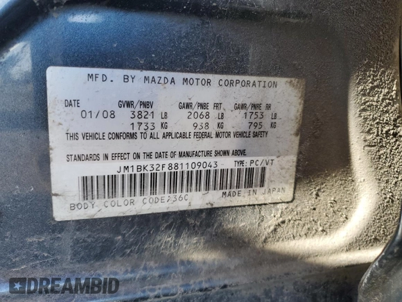 2008 Mazda 3 i Touring Value with VIN JM1BK32F881109043, listed as a Copart auction lot 50959255 with 216,608 mi miles and Salvage Title. Bid and sale history available at DreamBid. Image 12.