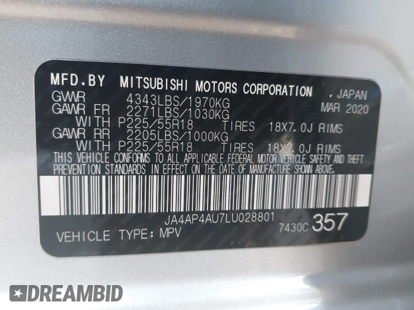 2020 Mitsubishi Outlander Sport SE 2.0 with VIN JA4AP4AU7LU028801, listed as a IAAI auction lot 41138636 with 105,709 mi miles. Bid and sale history available at carsss.com. Image 9.