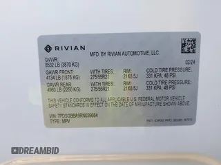 2024 Rivian R1S Adventure with VIN 7PDSGBBA9RN039684, listed as a IAAI auction lot 41558846 with 13,725 mi miles. Bid and sale history available at carsss.com. Image 9.