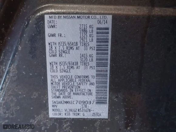 2014 Nissan Pathfinder SV with VIN 5N1AR2MMXEC709037, listed as a IAAI auction lot 41327043 with 269,383 mi miles. Bid and sale history available at carsss.com. Image 9.