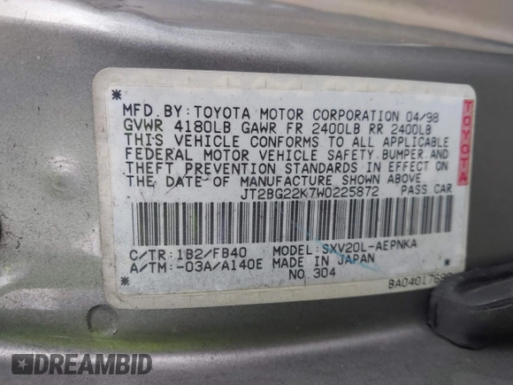 1998 Toyota Camry LE z VIN JT2BG22K7W0225872, wystawiony jako IAAI lot #41252434 z przebiegiem 160 763 mil mil oraz . Historia ofert i sprzedaży dostępna na DreamBid. Obrazek 9.