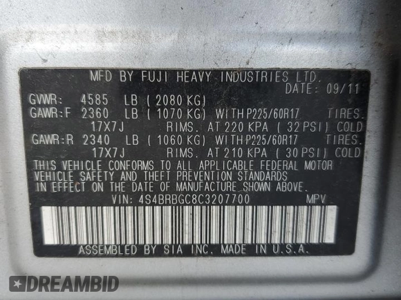 2012 Subaru Outback Prem with VIN 4S4BRBGC8C3207700, listed as a Copart auction lot 65340265 with 127,170 mi miles and Salvage title. Bid and sale history available at DreamBid. Image 13.