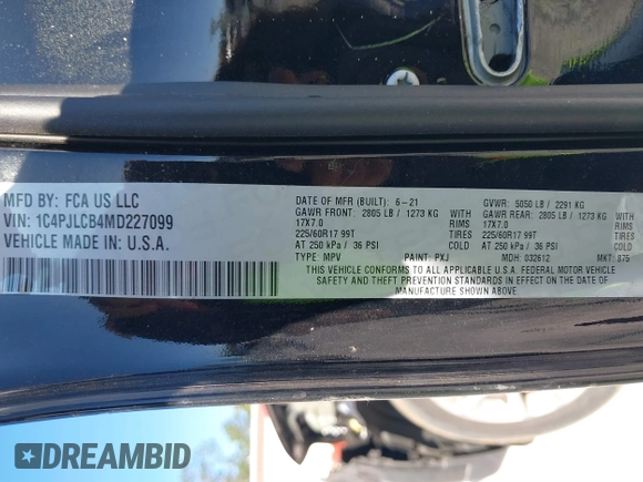 2021 Jeep Cherokee Latitude with VIN 1C4PJLCB4MD227099, listed as a IAAI auction lot 41844362 with 34,937 mi miles and . Bid and sale history available at DreamBid. Image 9.