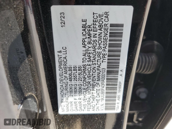 2024 Acura TLX Technology with VIN 19UUB5F43RA000103, listed as a Copart auction lot 61647254 with 8,929 mi miles and Salvage Title. Bid and sale history available at DreamBid. Image 14.