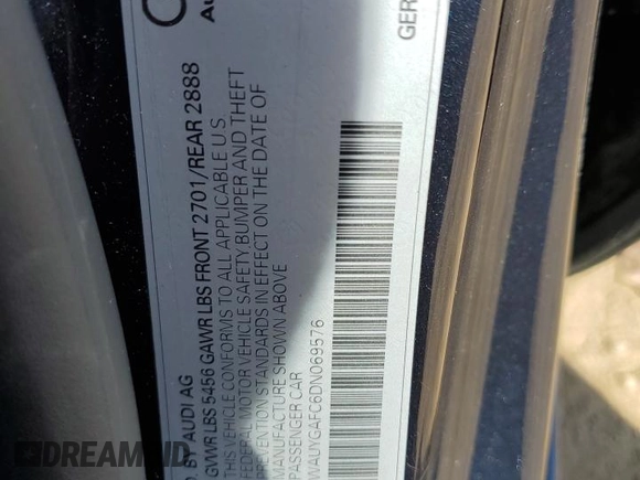 2013 Audi A7 Premium Plus with VIN WAUYGAFC6DN069576, listed as a Copart auction lot 54760455 with 110,943 mi miles and Salvage title. Bid and sale history available at DreamBid. Image 12.