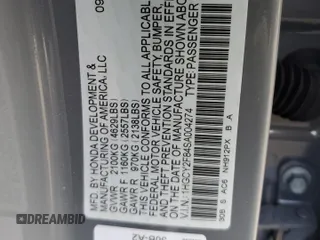 2025 Honda Accord Touring with VIN 1HGCY2F84SA004274, listed as a Copart auction lot 55916415 with 5,285 mi miles and Salvage title. Bid and sale history available at DreamBid. Image 12.