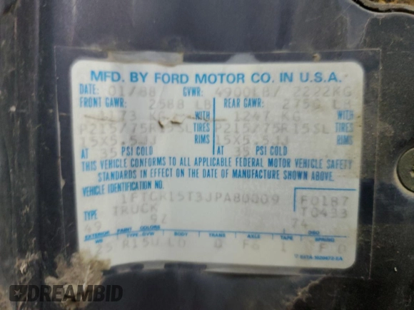 1988 Ford Ranger with VIN 1FTCR15T3JPA80009, listed as a Copart auction lot 82479674 with 84,515 mi miles and Clean Title. Bid and sale history available at carsss.com. Image 12.