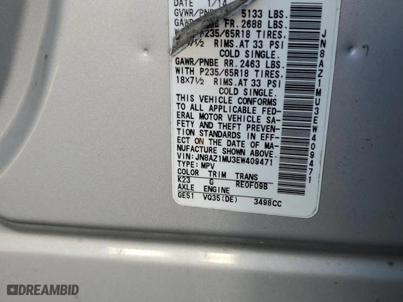 2014 Nissan Murano LE with VIN JN8AZ1MU3EW409471, listed as a Copart auction lot 46116395 with 180,319 mi miles and Non Repairable. Bid and sale history available at carsss.com. Image 13.
