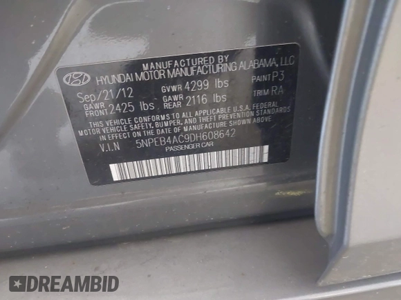 2013 Hyundai Sonata GLS with VIN 5NPEB4AC9DH608642, listed as a IAAI auction lot 42003556 with 105,448 mi miles and . Bid and sale history available at carsss.com. Image 9.