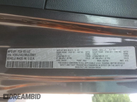 2021 Jeep Gladiator Willys with VIN 1C6HJTAG7ML572661, listed as a Copart auction lot 61172665 with 54,317 mi miles and Salvage title. Bid and sale history available at DreamBid. Image 12.