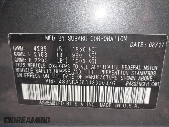2018 Subaru Impreza Premium with VIN 4S3GKAB68J3600376, listed as a IAAI auction lot 42537703 with 126,846 mi miles and . Bid and sale history available at DreamBid. Image 9.