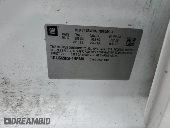 2017 Chevrolet Sonic LT with VIN 1G1JG6SH2H4158780, listed as a Copart auction lot 58420075 with 133,590 mi miles and Clean title. Bid and sale history available at DreamBid. Image 12.