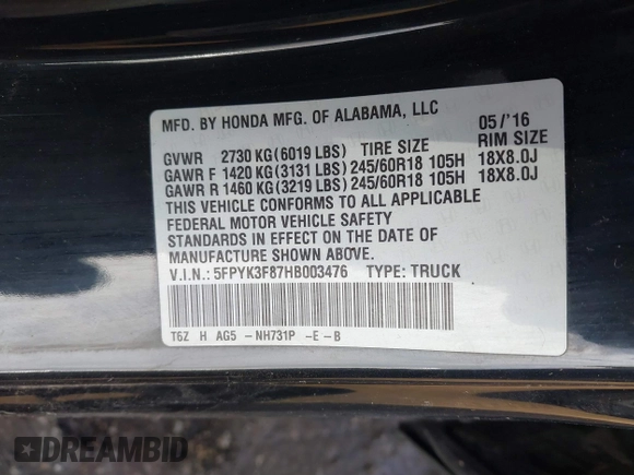 2017 Honda Ridgeline Black Edition z VIN 5FPYK3F87HB003476, wystawiony jako IAAI lot #41618324 z przebiegiem 103 232 mil mil oraz . Historia ofert i sprzedaży dostępna na DreamBid. Obrazek 9.