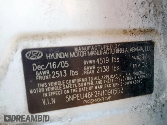 2006 Hyundai Sonata GLS with VIN 5NPEU46F26H090552, listed as a Copart auction lot 47216175 with 142,244 mi miles and Clean Title. Bid and sale history available at DreamBid. Image 12.