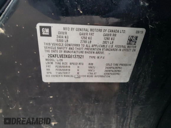 2016 GMC Terrain Denali with VIN 2GKFLVE3XG6137521, listed as a Copart auction lot 57783815 with 119,339 mi miles and Salvage title. Bid and sale history available at DreamBid. Image 13.