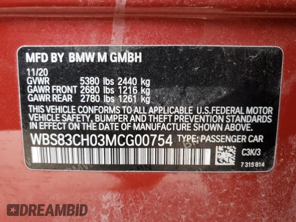 2021 BMW M5 with VIN WBS83CH03MCG00754, listed as a Copart auction lot 50154465 with 34,540 mi miles and Salvage Title. Bid and sale history available at carsss.com. Image 12.