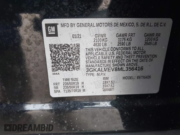 2021 GMC Terrain SLT with VIN 3GKALVEV8ML356416, listed as a IAAI auction lot 41412180 with 45,053 mi miles and . Bid and sale history available at carsss.com. Image 9.