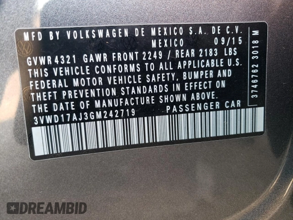 2016 Volkswagen Jetta Sport z VIN 3VWD17AJ3GM242719, wystawiony jako Copart lot #62234275 z przebiegiem 73 394 mil mil oraz Szkoda całkowita • Salvage title. Historia ofert i sprzedaży dostępna na DreamBid. Obrazek 12.