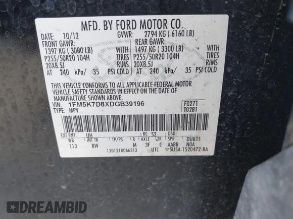 2013 Ford Explorer XLT with VIN 1FM5K7D8XDGB39196, listed as a IAAI auction lot 41729903 with 246,742 mi miles and . Bid and sale history available at DreamBid. Image 9.