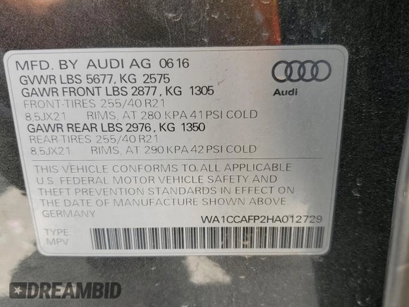 2017 Audi SQ5 Premium Plus with VIN WA1CCAFP2HA012729, listed as a Copart auction lot 55347255 with 90,468 mi miles and Salvage title. Bid and sale history available at DreamBid. Image 13.