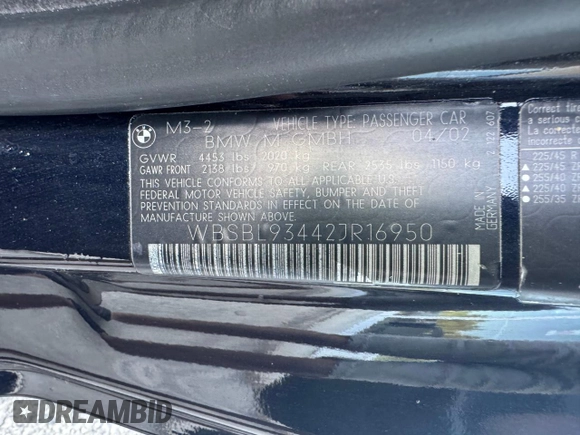 2002 BMW 3 Series M3 with VIN WBSBL93442JR16950, listed as a Copart auction lot 65476895 with 174,649 mi miles and Clean title. Bid and sale history available at DreamBid. Image 12.