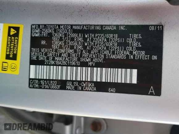 2011 Lexus RX 350 with VIN 2T2BK1BA2BC119610, listed as a Copart auction lot 54019405 with 196,083 mi miles and Salvage Title. Bid and sale history available at DreamBid. Image 13.