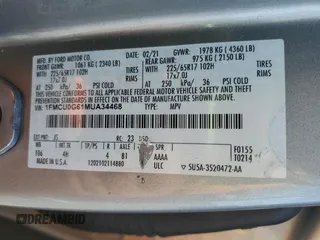 2021 Ford Escape SE with VIN 1FMCU0G61MUA34468, listed as a Copart auction lot 53370055 with 113,253 mi miles and Salvage title. Bid and sale history available at DreamBid. Image 13.