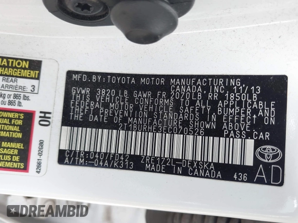 2014 Toyota Corolla L with VIN 2T1BURHE3EC070526, listed as a IAAI auction lot 41898694 with 164,335 mi miles and . Bid and sale history available at DreamBid. Image 9.