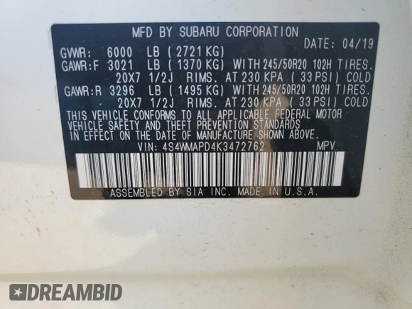 2019 Subaru Ascent Limited with VIN 4S4WMAPD4K3472762, listed as a Copart auction lot 55941725 with 49,538 mi miles and Salvage title. Bid and sale history available at DreamBid. Image 14.