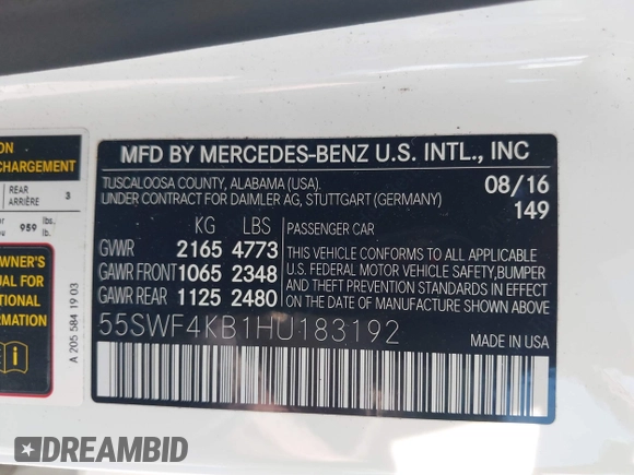 2017 Mercedes-Benz C 300 with VIN 55SWF4KB1HU183192, listed as a IAAI auction lot 42562516 with 29,356 mi miles and . Bid and sale history available at DreamBid. Image 9.