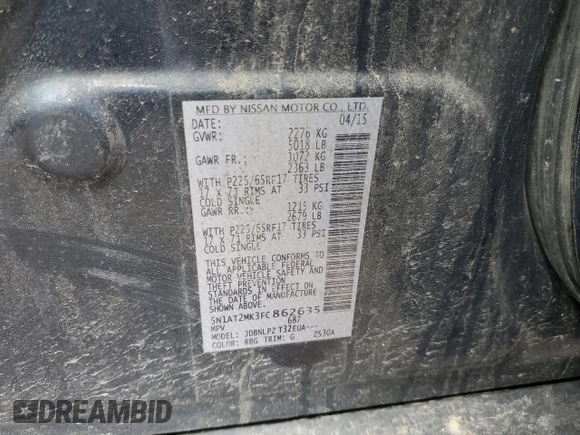 2015 Nissan Rogue SV z VIN 5N1AT2MK3FC862635, wystawiony jako Copart lot #49234305 z przebiegiem 157 703 mil mil oraz Szkoda całkowita • Salvage title. Historia ofert i sprzedaży dostępna na DreamBid. Obrazek 13.