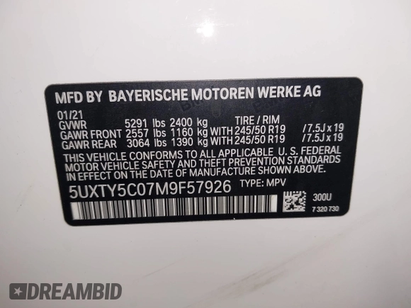 2021 BMW X3 xDrive30i with VIN 5UXTY5C07M9F57926, listed as a IAAI auction lot 41741950 with 76,278 mi miles and . Bid and sale history available at DreamBid. Image 9.